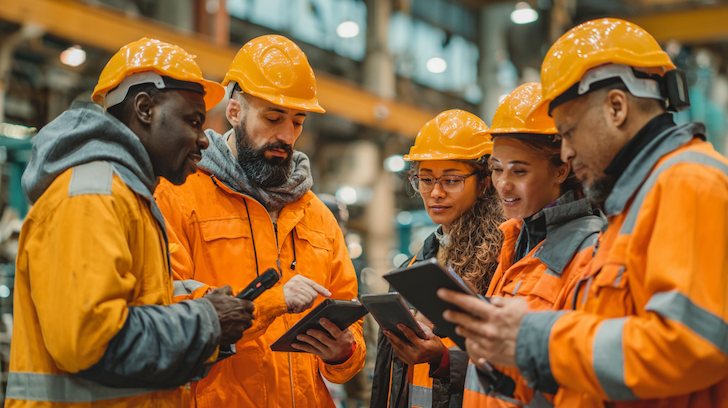 A diverse team of workers in Germany using AI-driven translation tools on tablets or smartphones