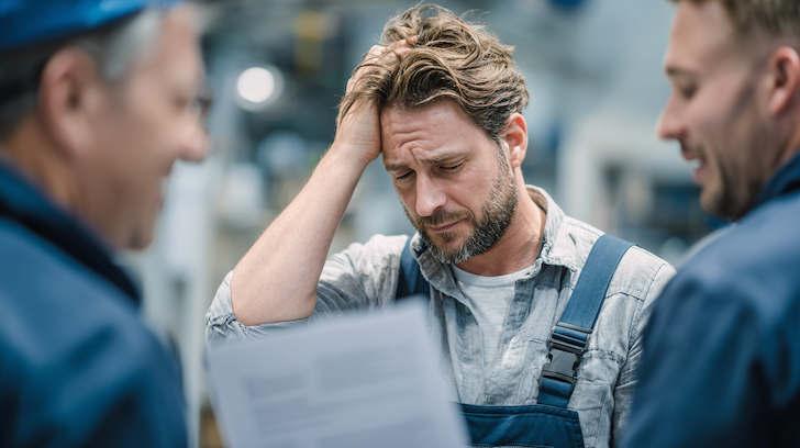 Depiction of a worker confused by German-only instructions in a factory setting