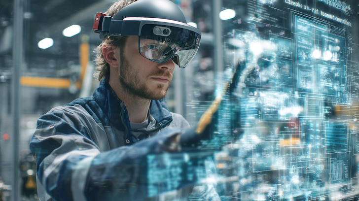Futuristic image of a worker wearing AR glasses receiving multilingual instructions